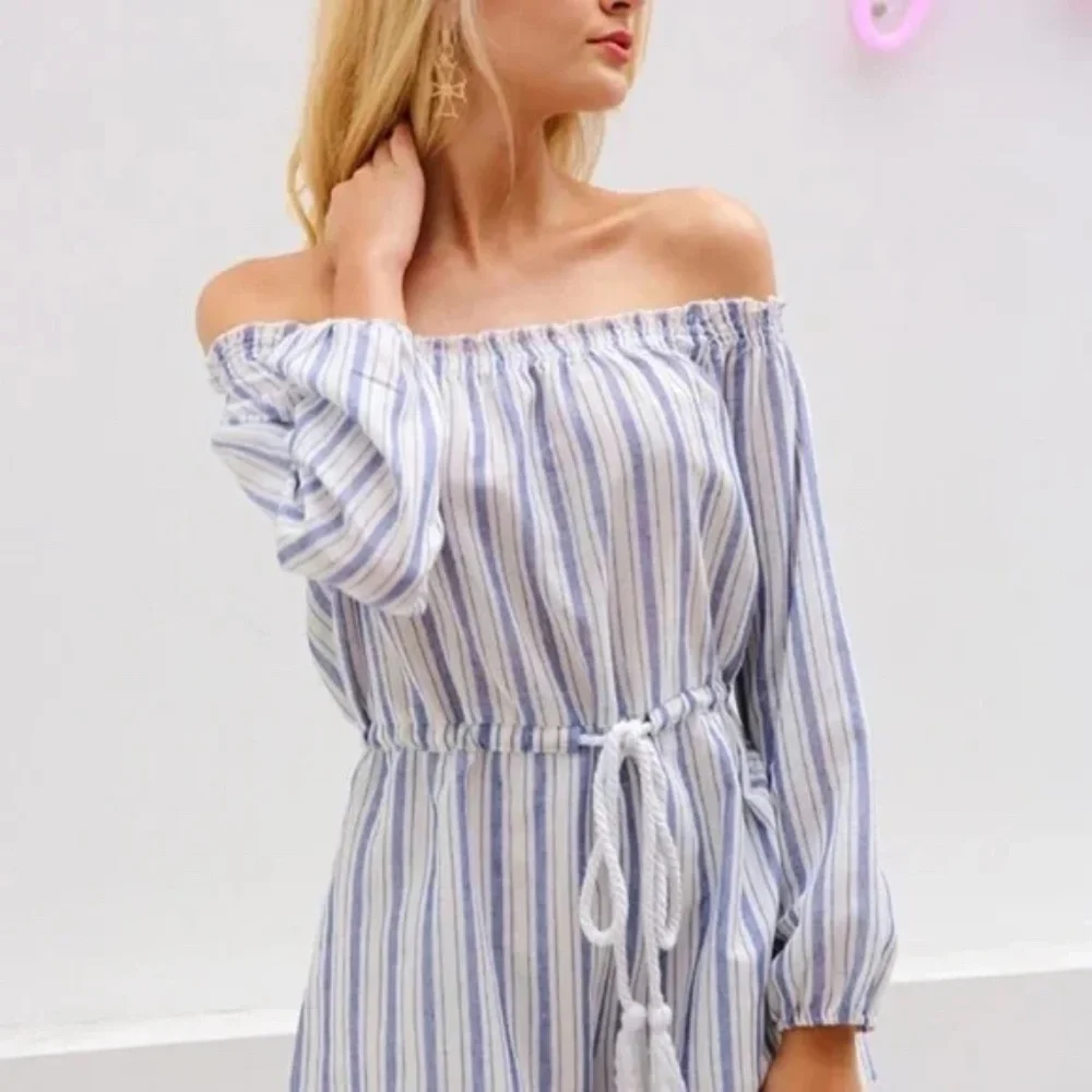 Simplee Apparel Blue And White Pinstripes Off the Shoulder Romper Women L